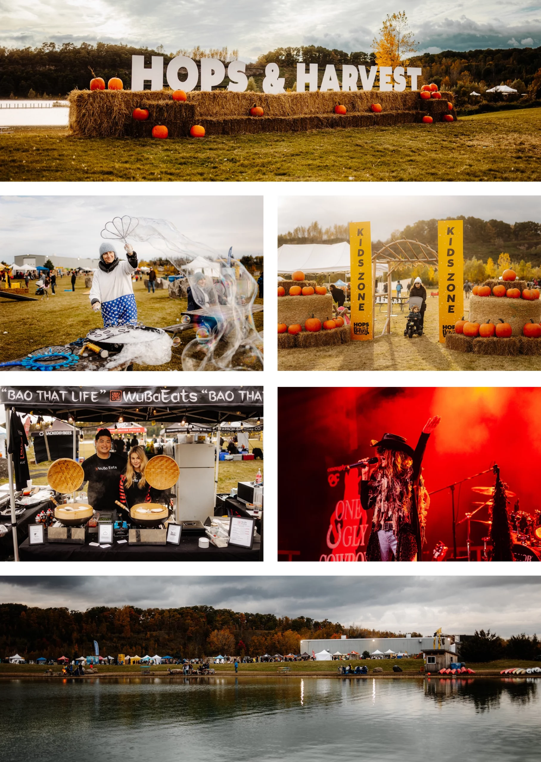 The vibrant atmosphere of the Hop & Harvest outdoor festival, showcasing local vendors, kids enjoying the festivities, and a lively concert performance.