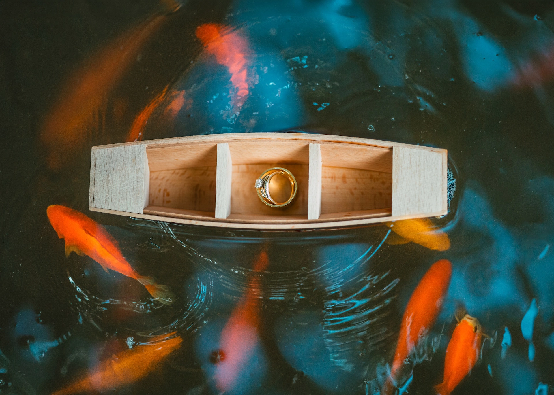 A delicate shot of wedding rings resting on a rustic wooden boat at the scenic Koe Pound, captured by Brantford wedding photographer Alissa Baltazar, serving Hamilton, Cambridge, London, and surrounding areas.