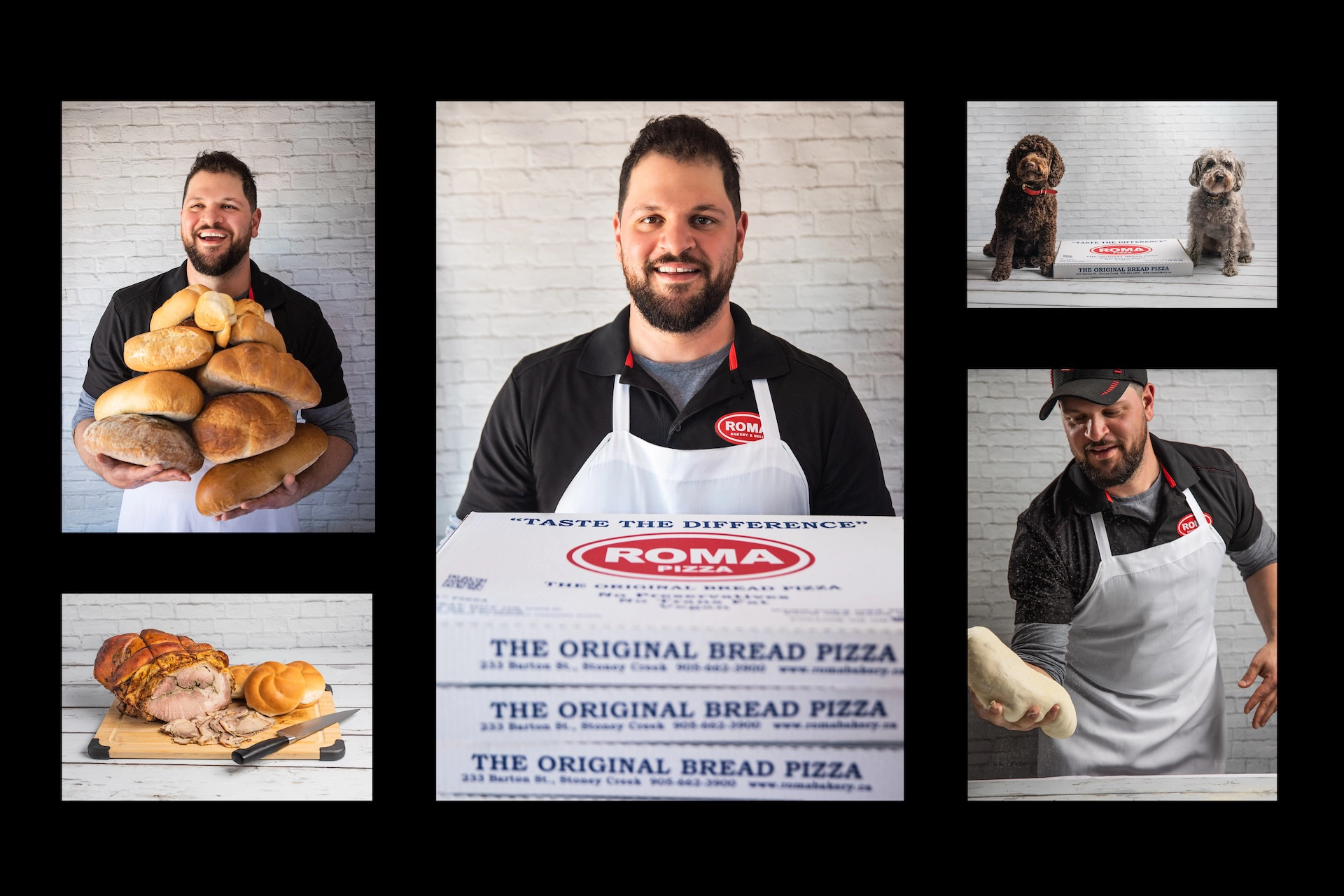 Personal branding photoshoot for Roma Pizza, featuring the owner with their dog and pizza box, creating a warm, inviting image for their website.
