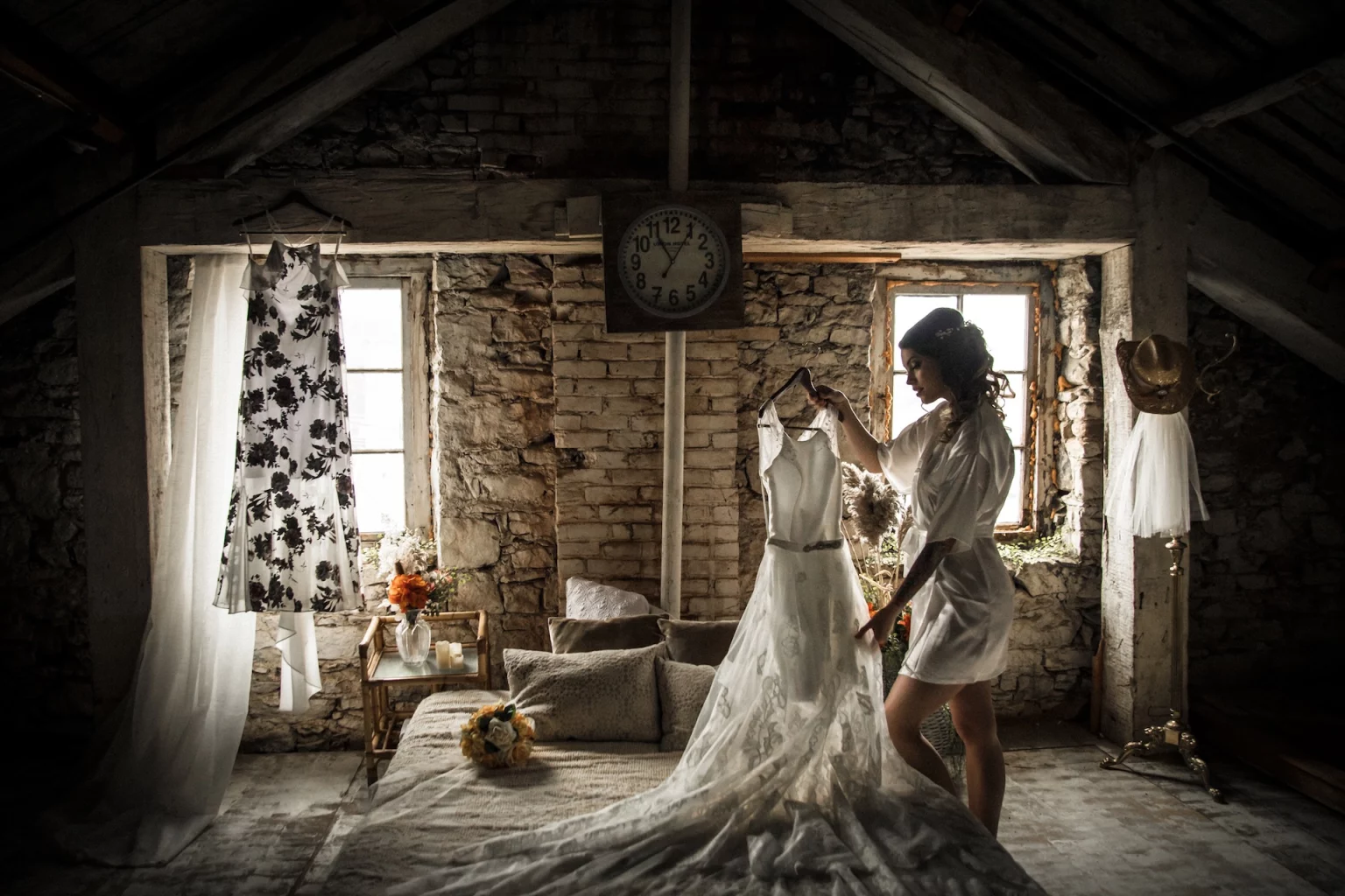 Bride holing her dress at the styled stydio in Dundas.