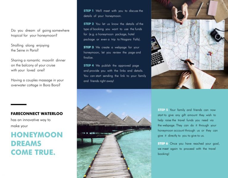 Travel planning brochure from Fareconnect – personalized honeymoon registry gift idea for modern couples.
