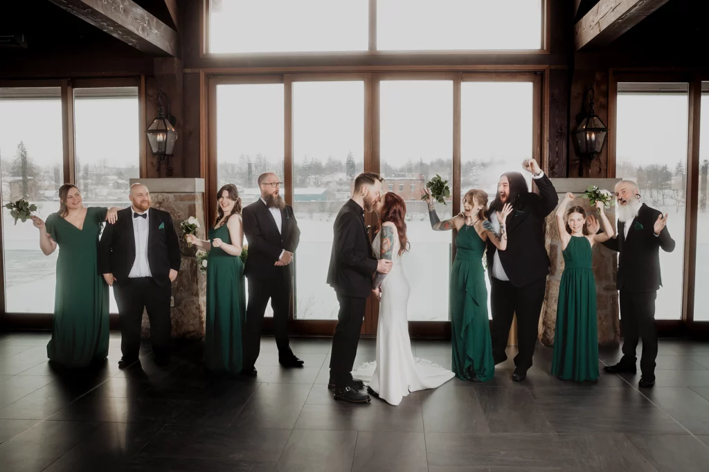 Alternative wedding party portrait at the Cambrige Mill.