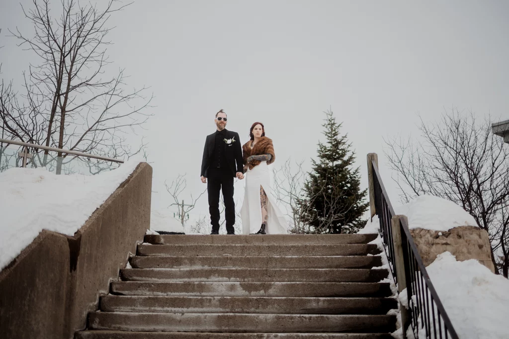 Alternative wedding at the Cambrige Mill, outdoor shot of the couple.